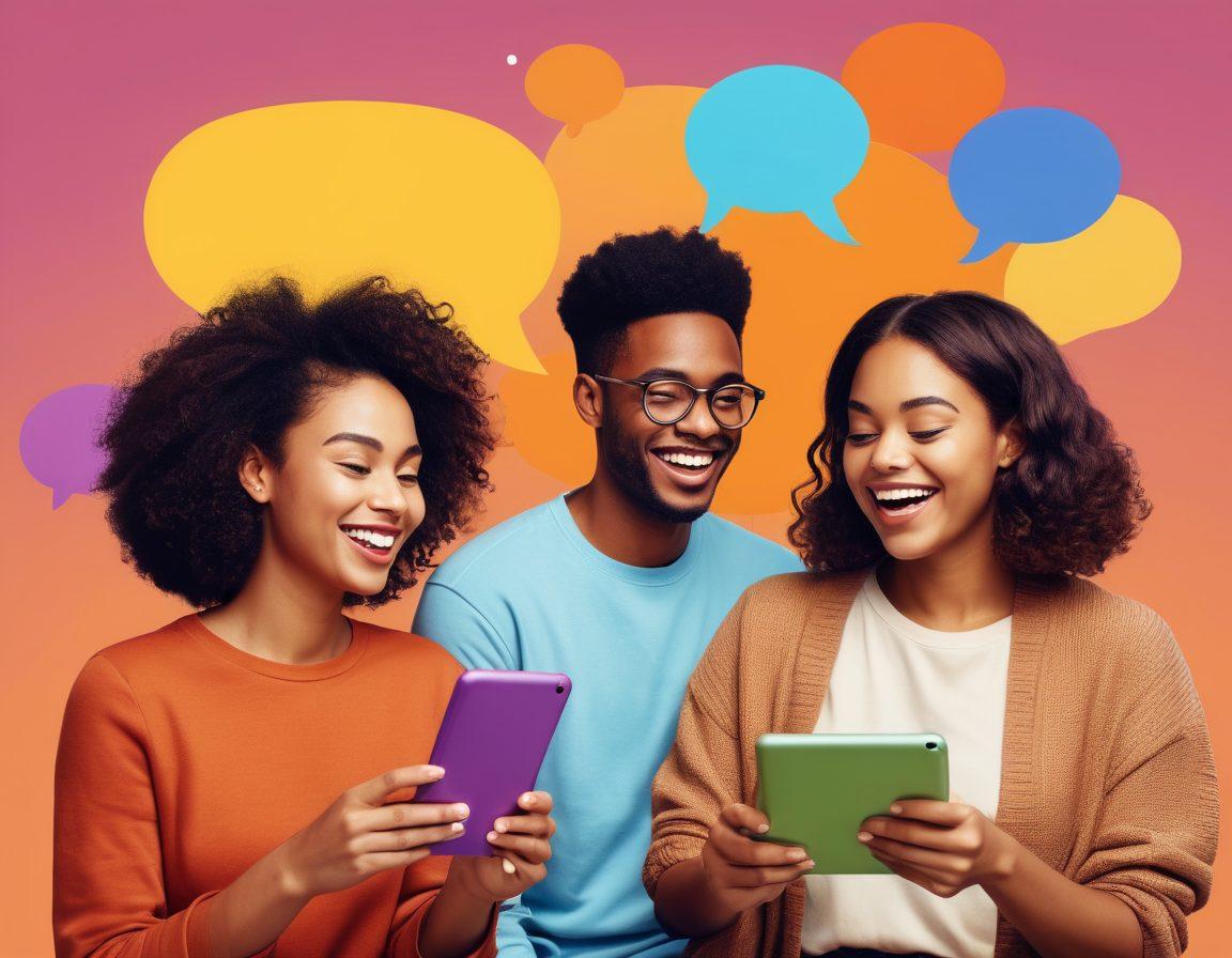 A warm and inviting online community scene featuring diverse individuals engaging actively in a lively discussion around a central blog post on their devices. Emphasize the connection through lively expressions and gestures, with floating speech bubbles showing enthusiasm and ideas. Use soft, vibrant colors to evoke a sense of community and warmth. digital illustration. vibrant colors. friendly atmosphere.