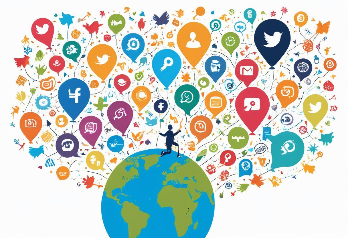 A whimsical illustration of a person navigating through a vibrant blogosphere filled with floating blog posts, icons of social media platforms, and colorful arrows representing strategies. The scene features a digital map guiding the explorer through various themes like lifestyle, travel, and finance, with a lively atmosphere and friendly creatures offering tips along the way. vector art. vibrant colors. white background.