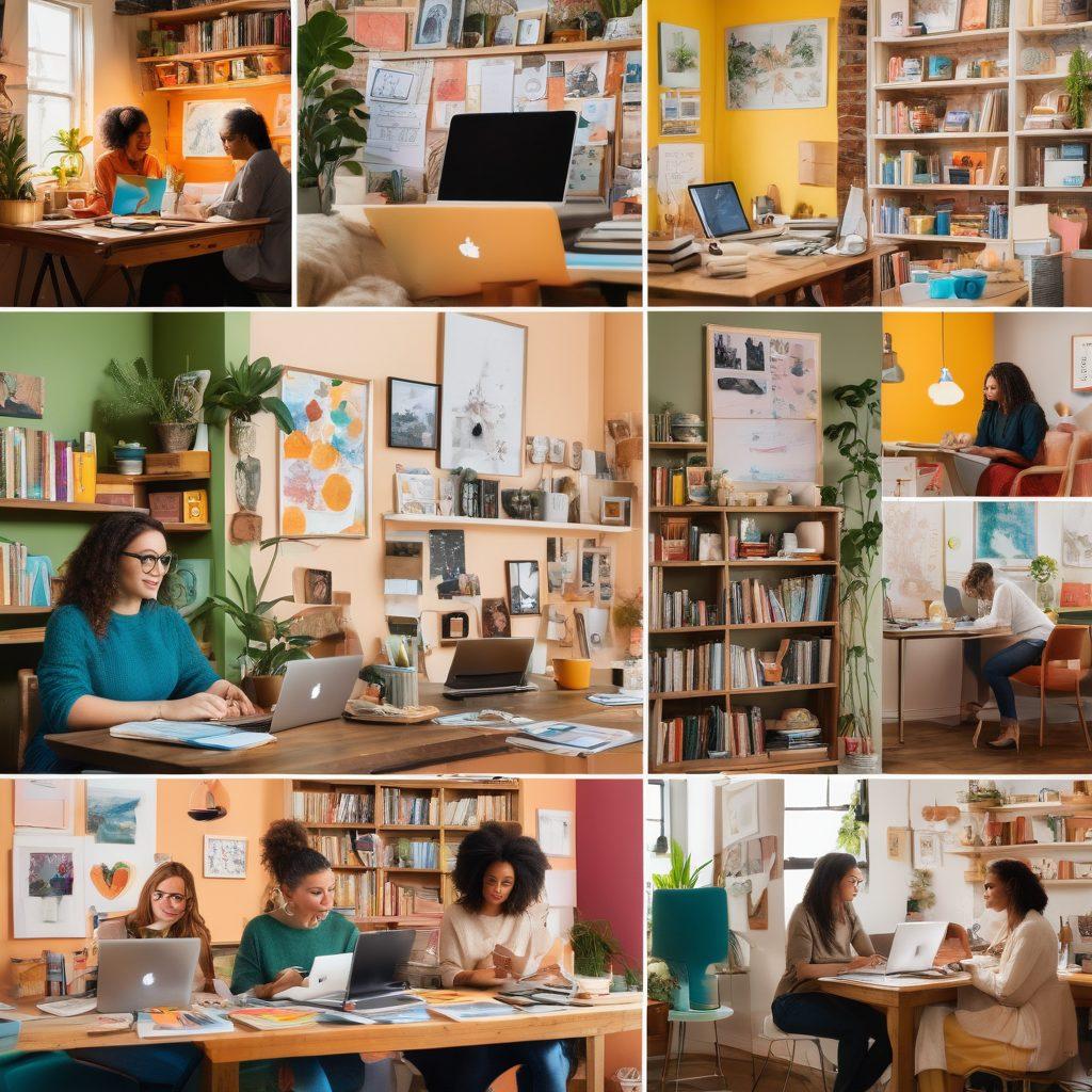 A collage of diverse adult bloggers at their creative workspaces, engaged in writing on laptops, surrounded by art supplies and colorful notes. Include elements like coffee cups, inspiration boards, and a vibrant bookshelf filled with various genres. The atmosphere should exude creativity and collaboration, with a warm, inviting light illuminating the scene. super-realistic. vibrant colors. cozy ambiance.